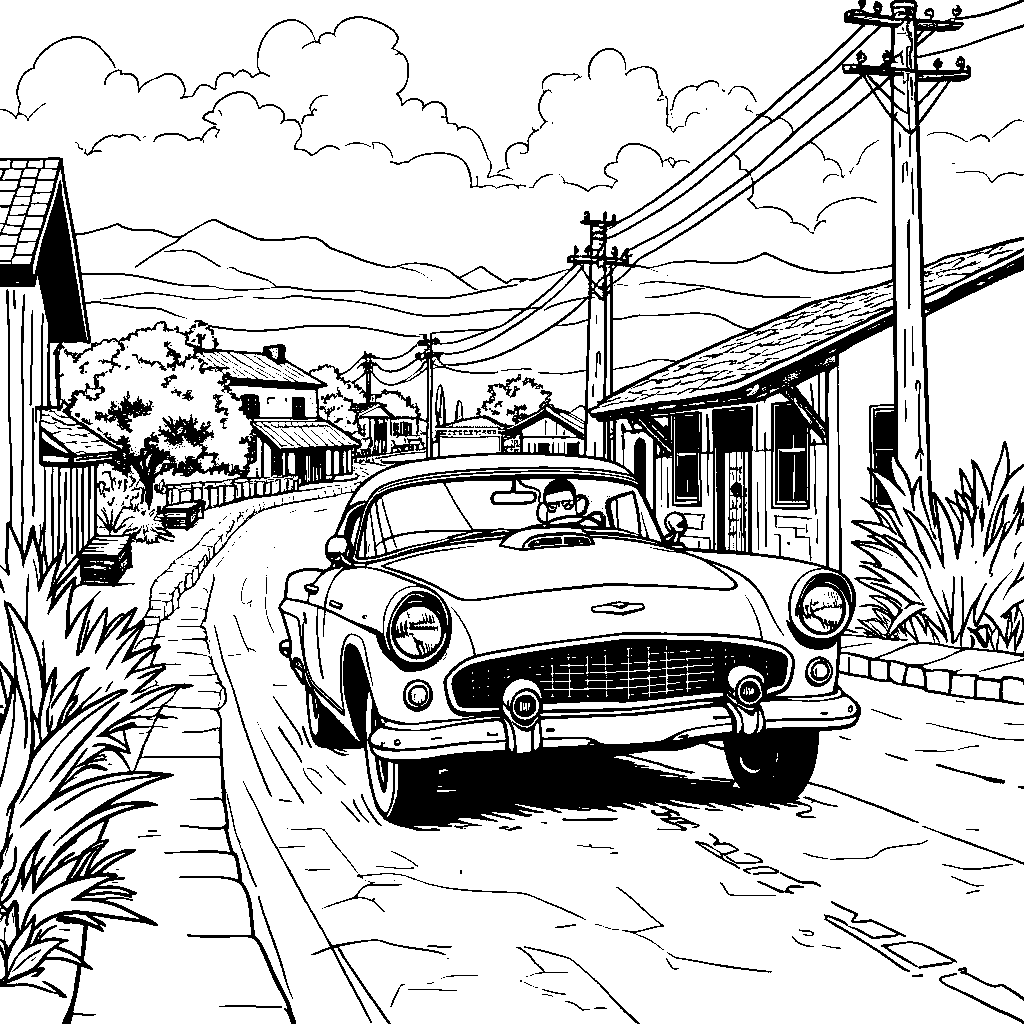 A vintage car racing through a quiet, rural town