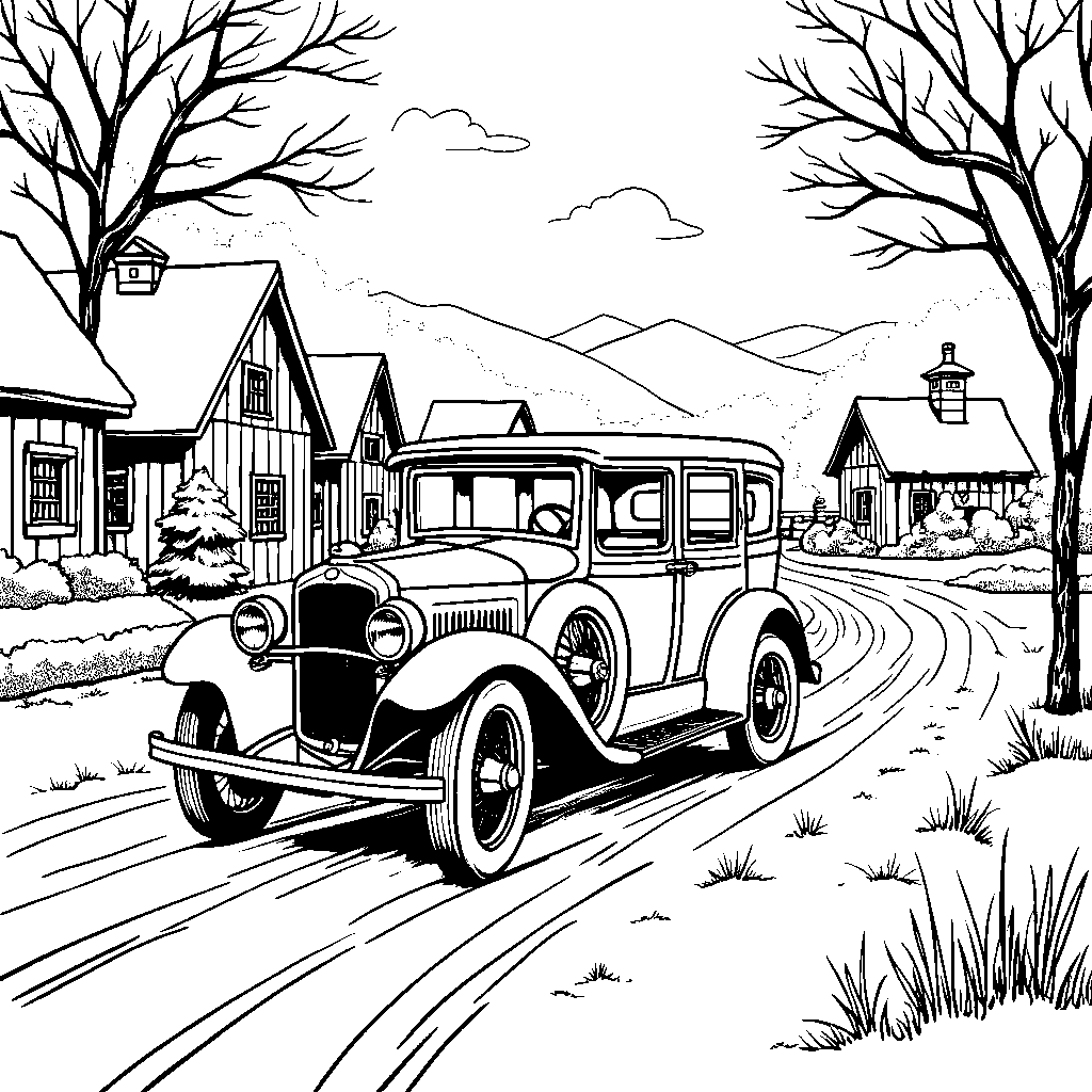 A vintage car racing through a quiet, snowy village