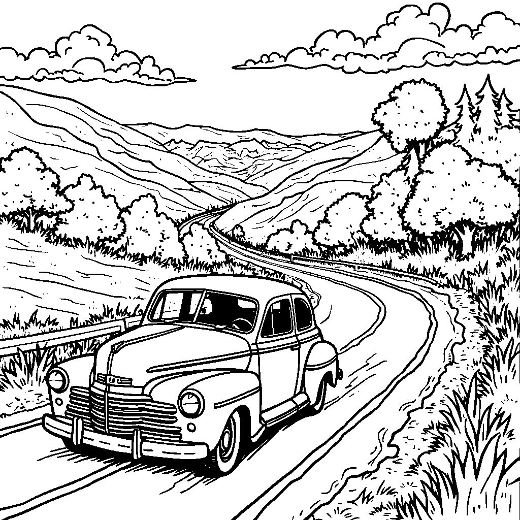 A vintage car speeding down a country road