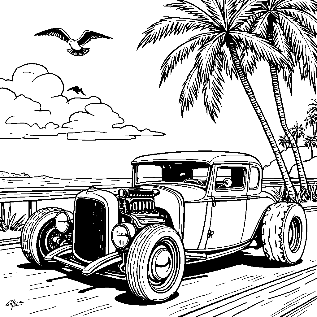 A vintage hot rod cruising down a beachside highway