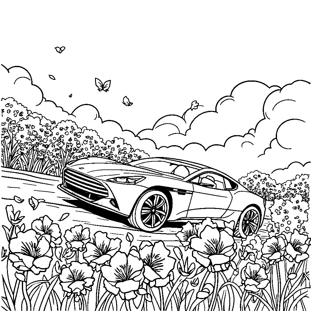 A car racing through a field of bright, colorful flowers