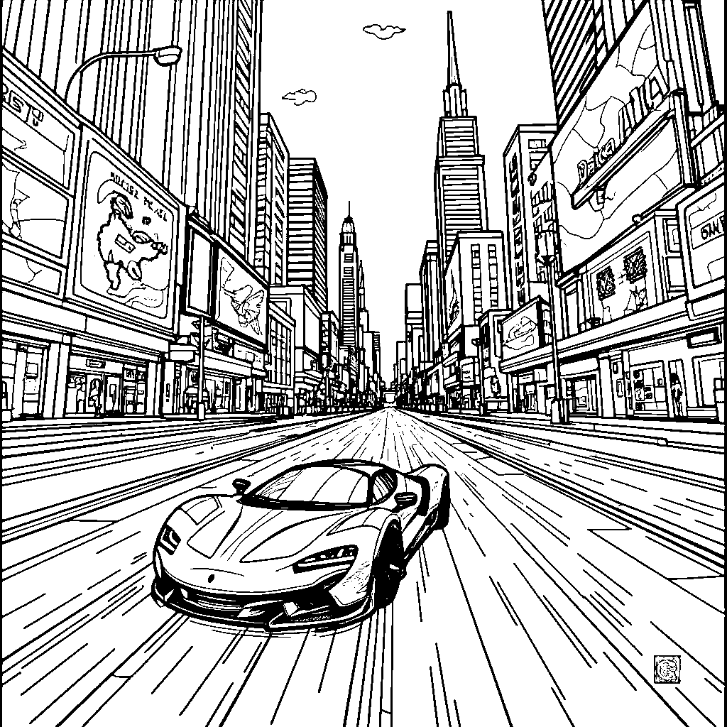 A car racing through a futuristic, high-tech cityscape