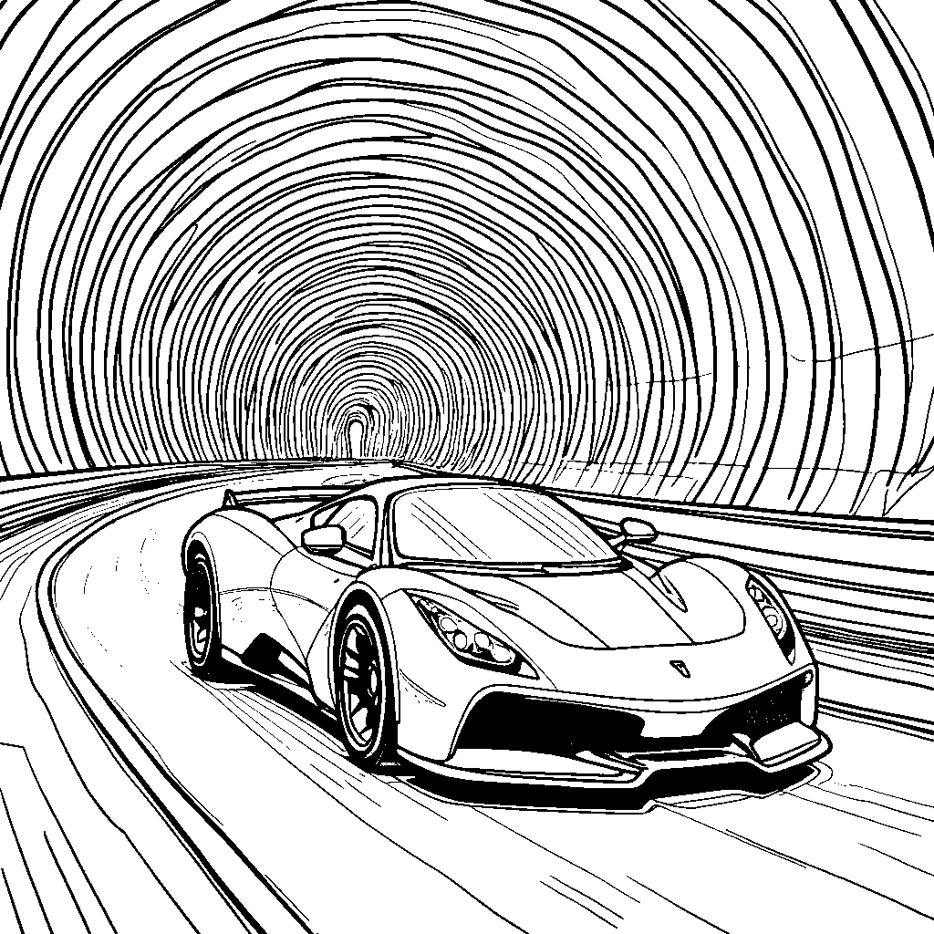 A car racing through a tunnel made of rainbow-colored arches