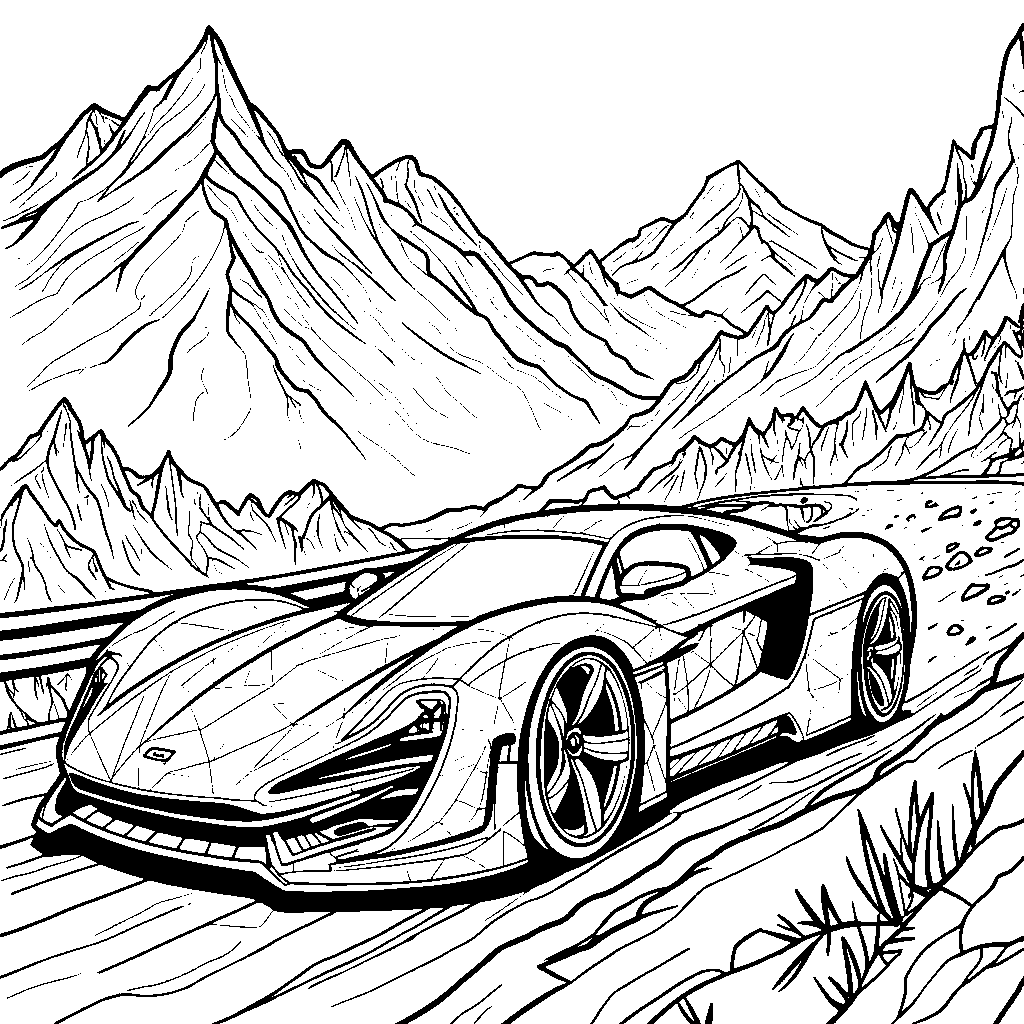 A car with a bold, geometric pattern racing through a mountain pass