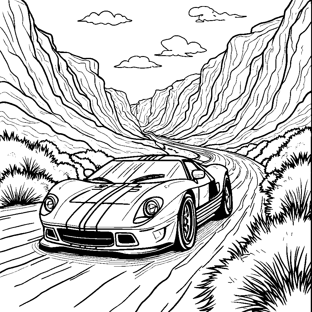 A car with a bold, striped design racing through a canyon