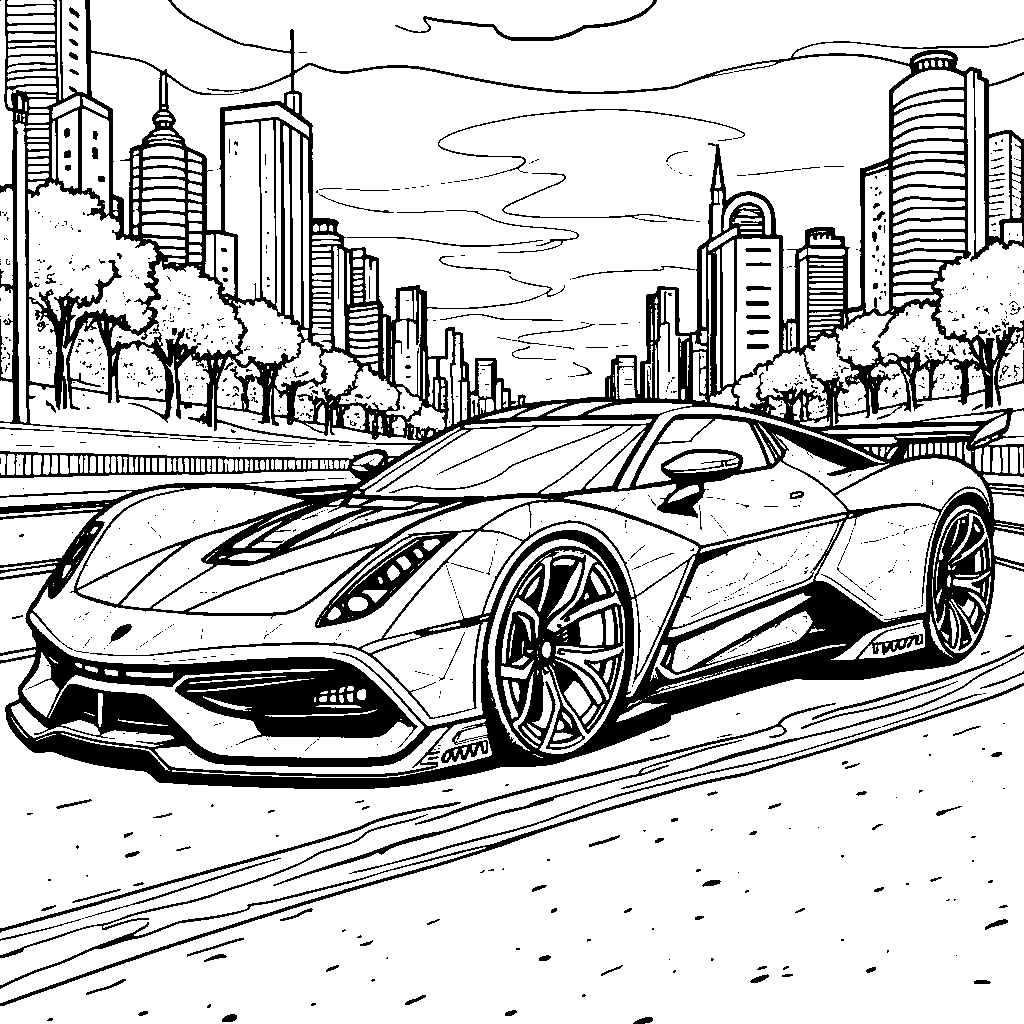 A car with a funky, geometric pattern racing through a city