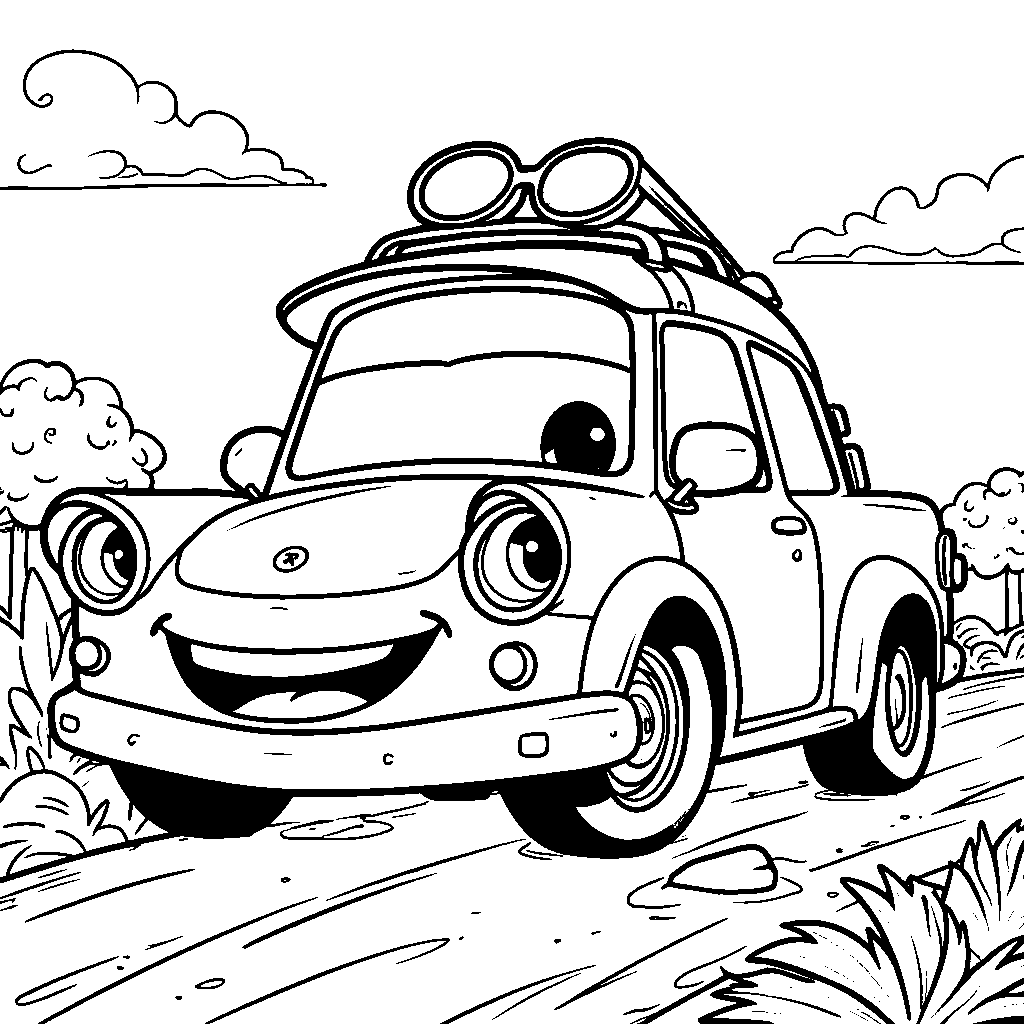 A cartoon car with a big smile and sunglasses