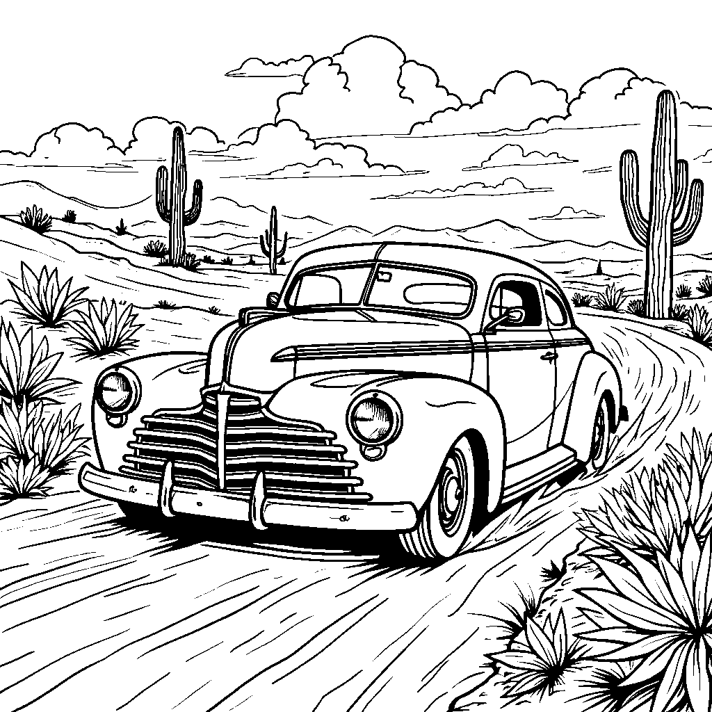 A vintage hot rod racing through a desert landscape