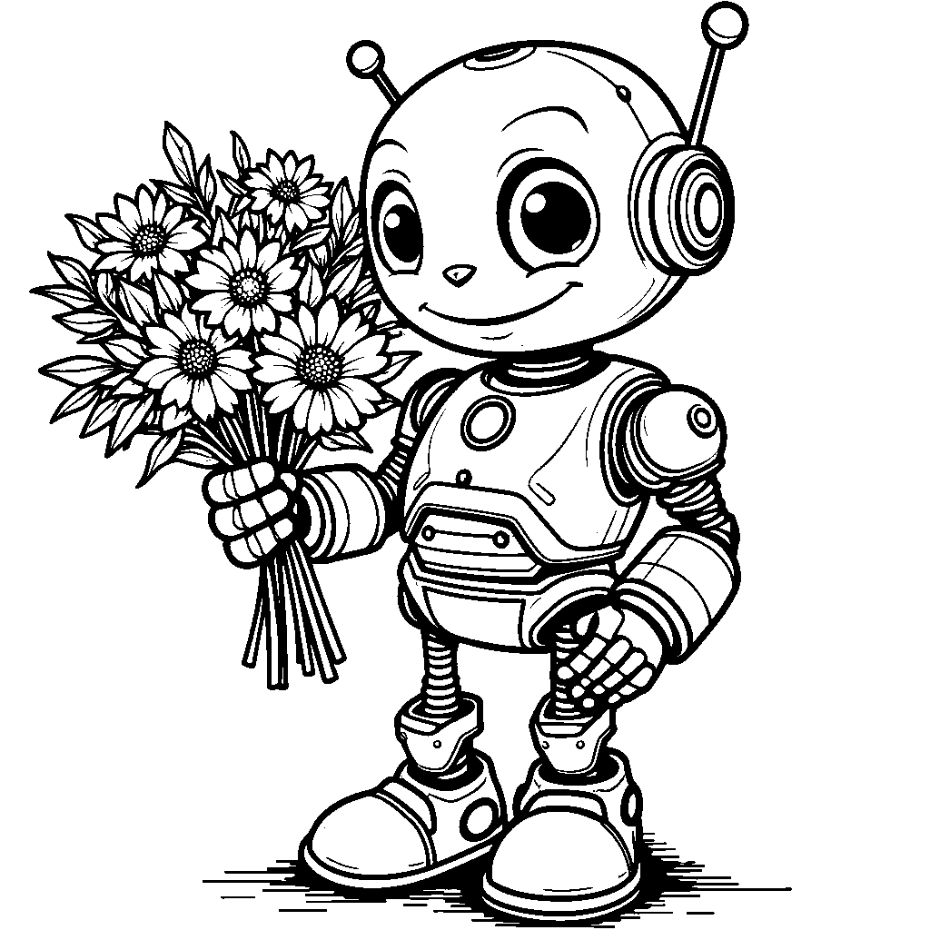 Robot holding a bouquet of flowers