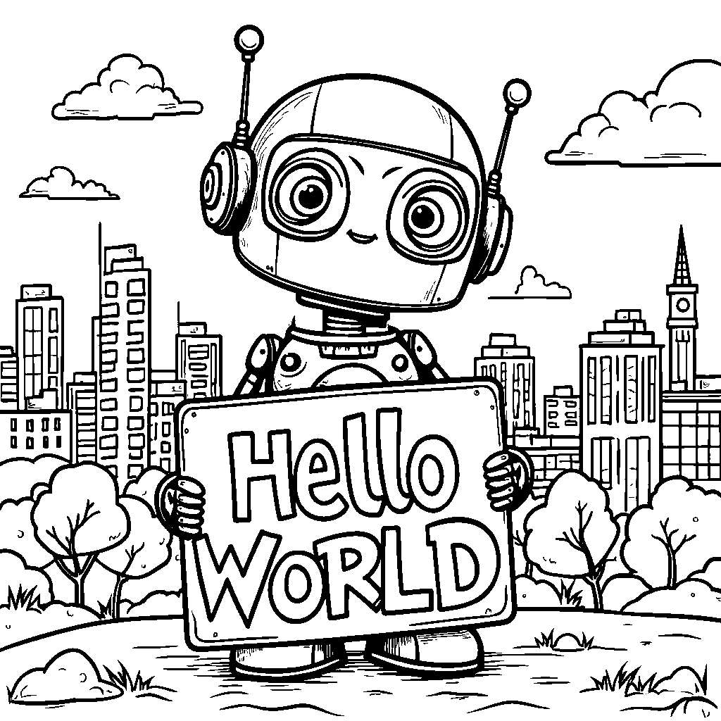 Robot holding a sign that says 'Hello World'