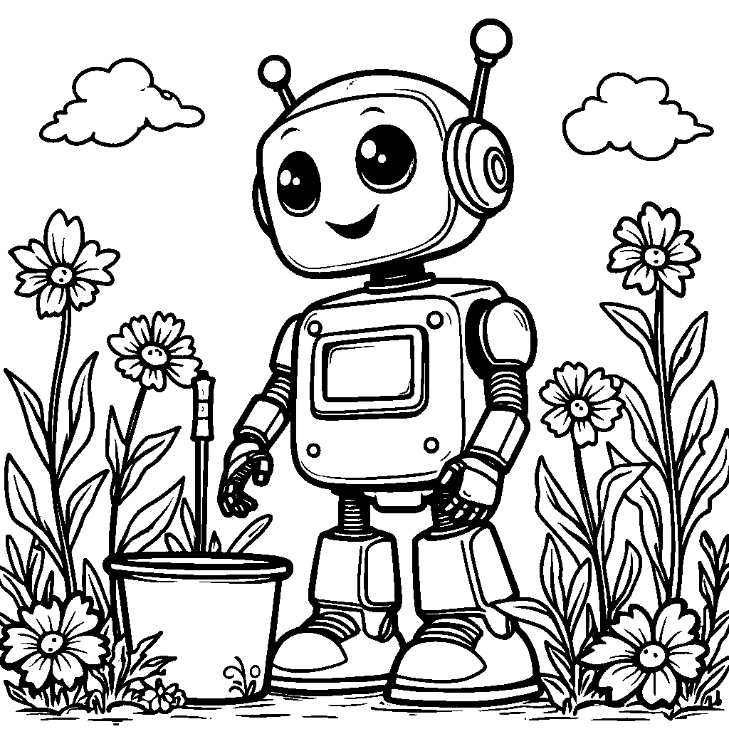 Robot in a garden surrounded by flowers