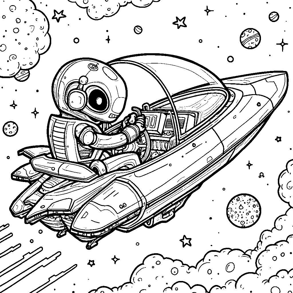 Robot in a spaceship flying through the galaxy