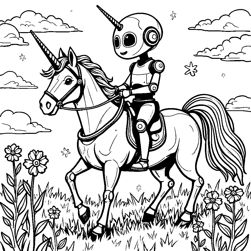 Robot riding a unicorn