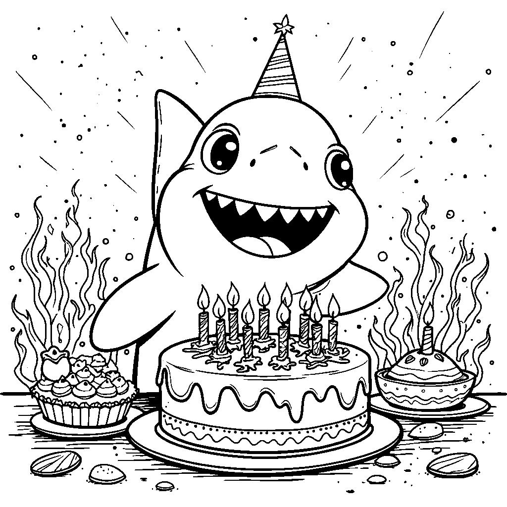 A shark blowing out candles on a birthday cake