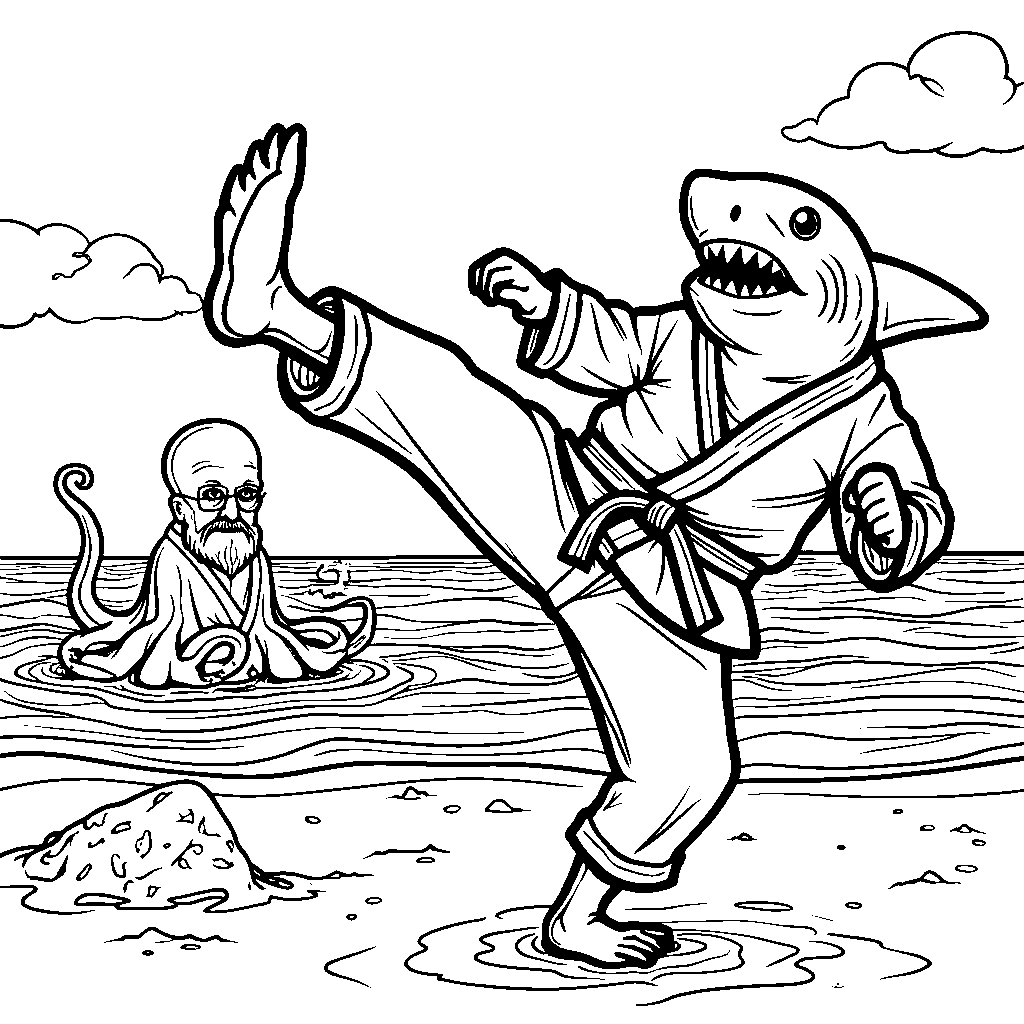 A shark doing karate moves on the beach