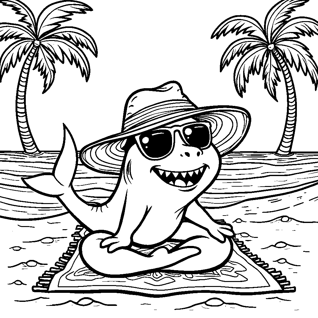 A shark doing yoga on a beach towel