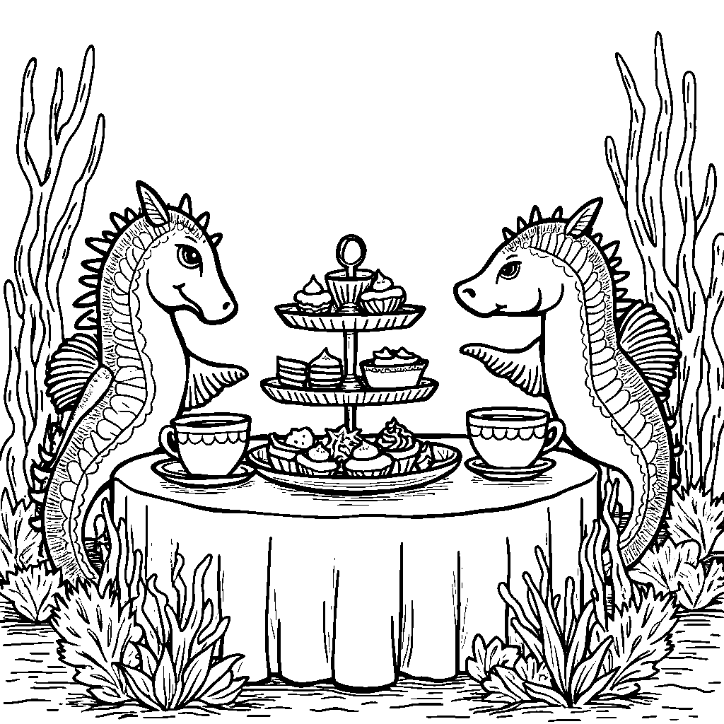 A shark having a tea party with seahorses