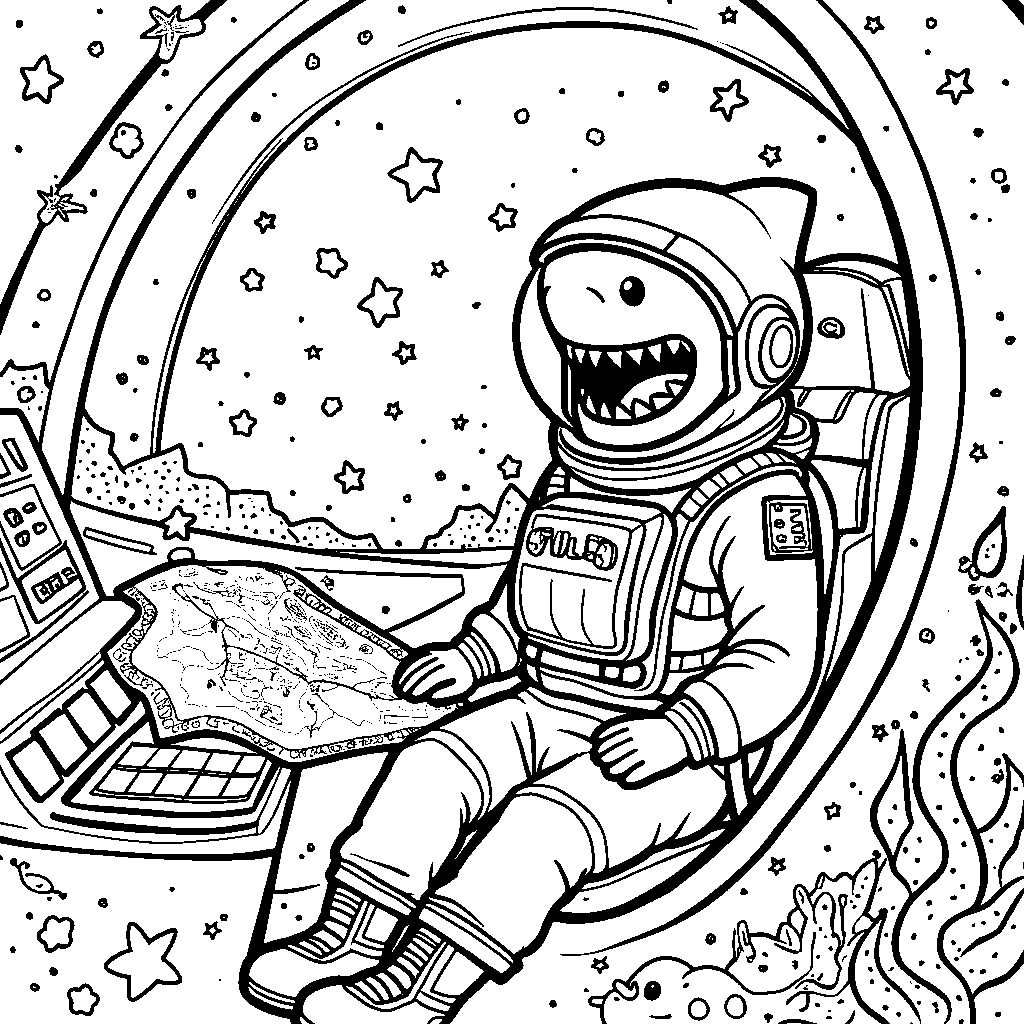 A shark in a spaceship exploring the ocean galaxy