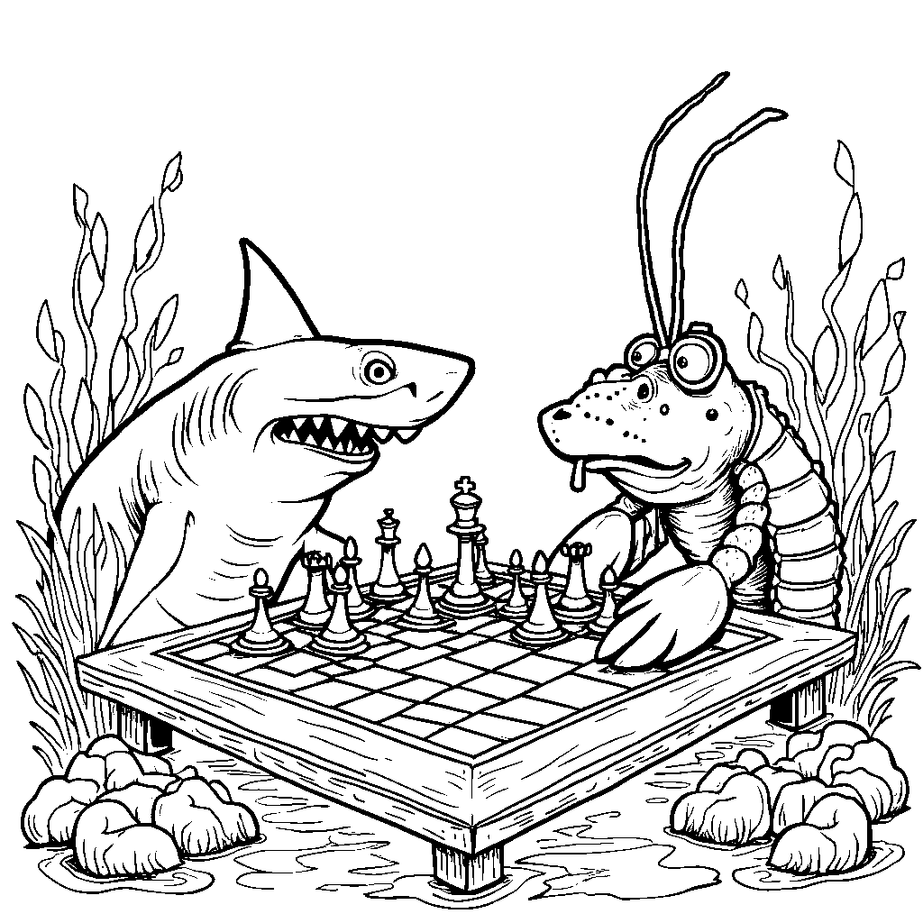 A shark playing chess with a wise old lobster