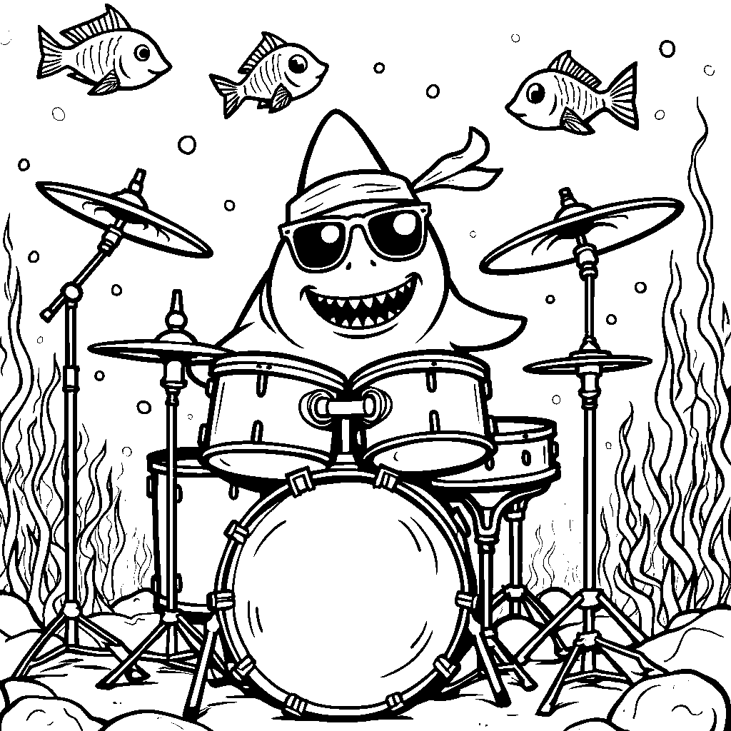 A shark playing drums in an underwater band