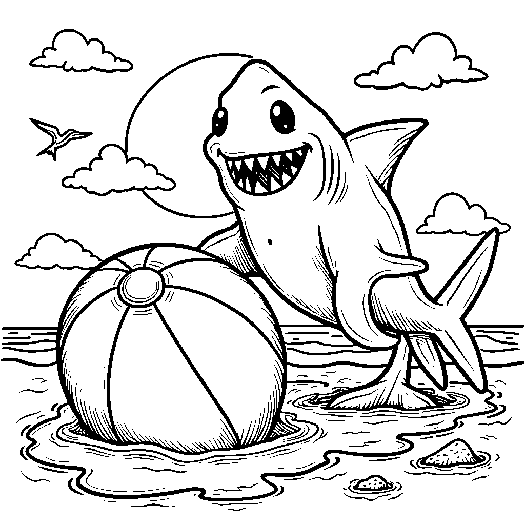 A shark playing with a giant beach ball on the shore