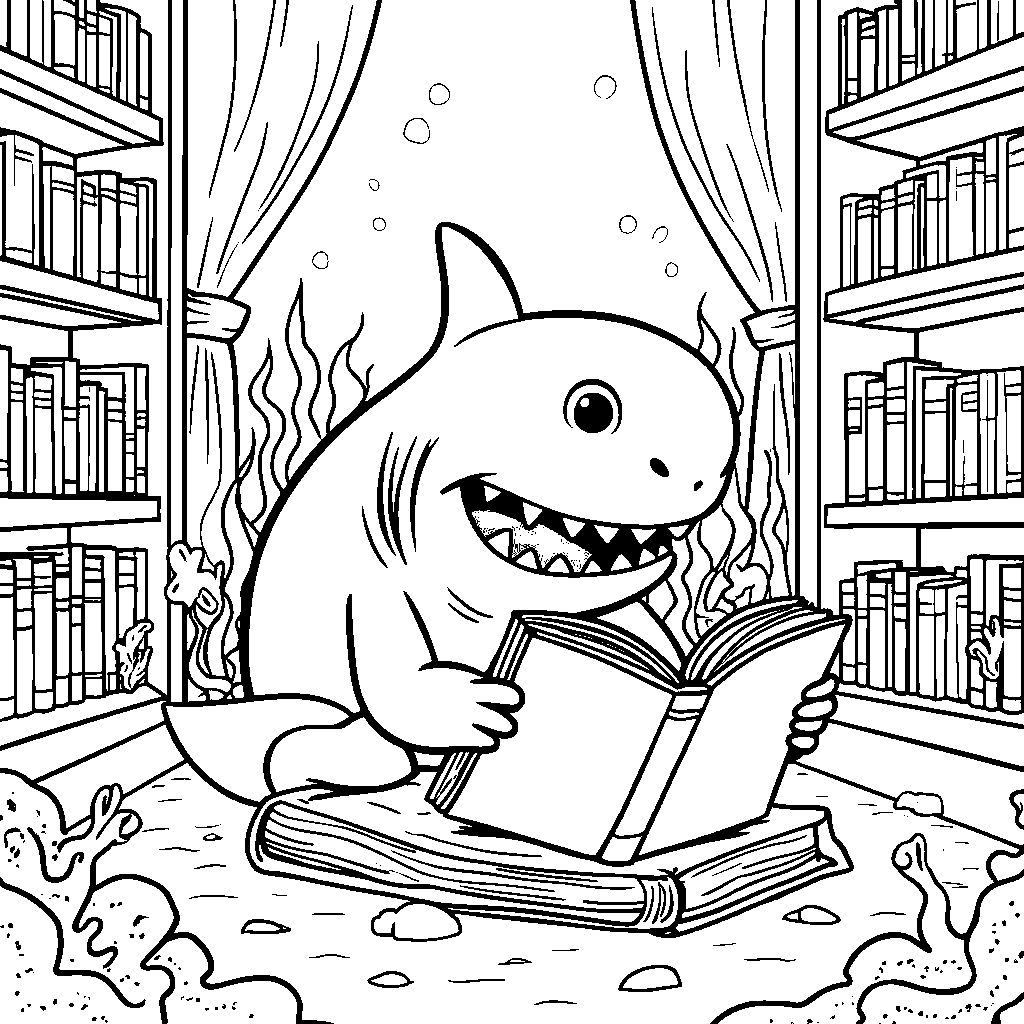 A shark reading a book in an underwater library