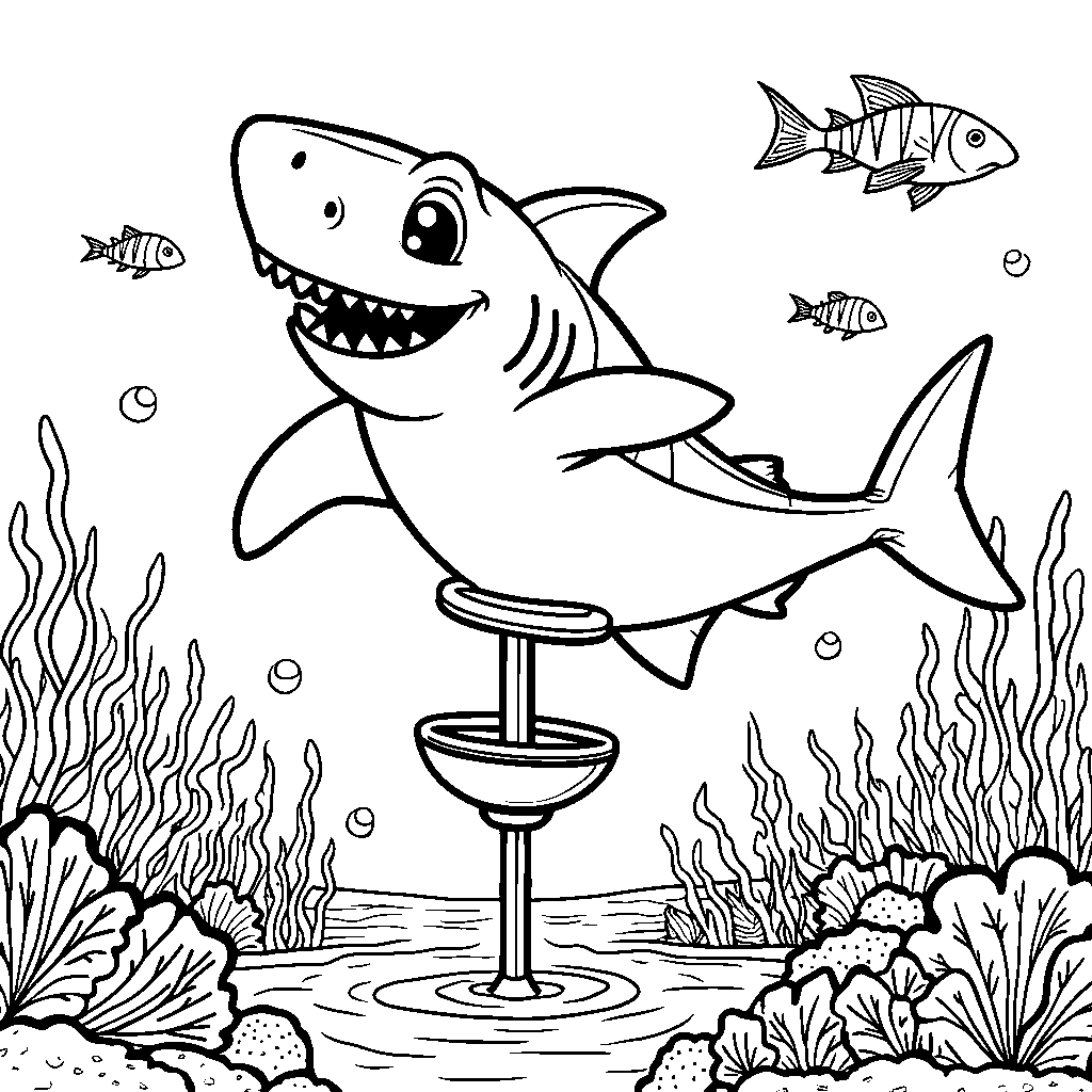 A shark riding a pogo stick on the ocean floor