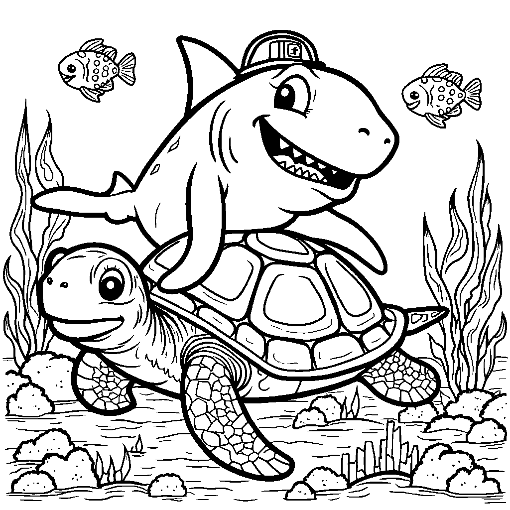 A shark riding a sea turtle like a taxi