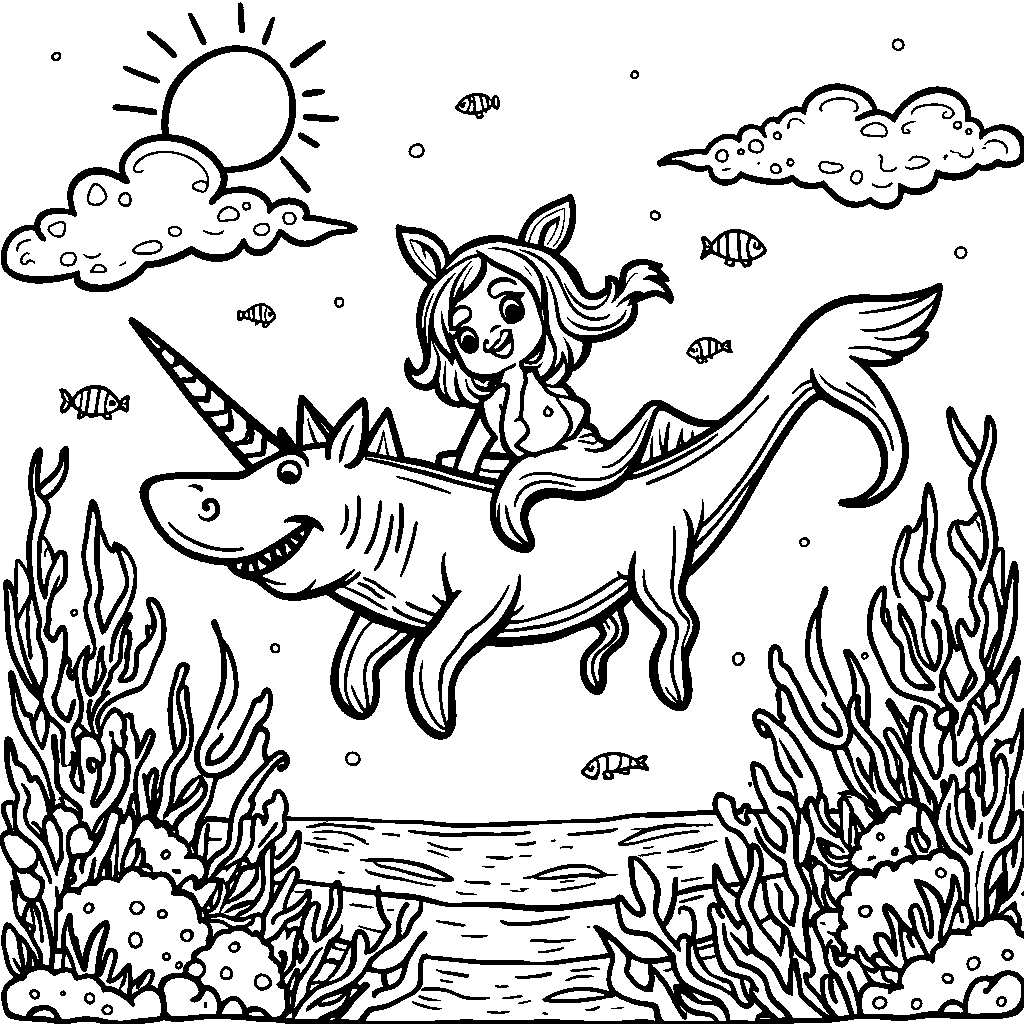 A shark riding a unicorn through the coral reef