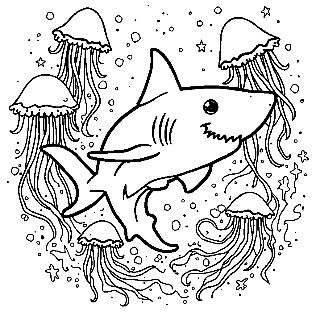 A shark surrounded by a halo of jellyfish