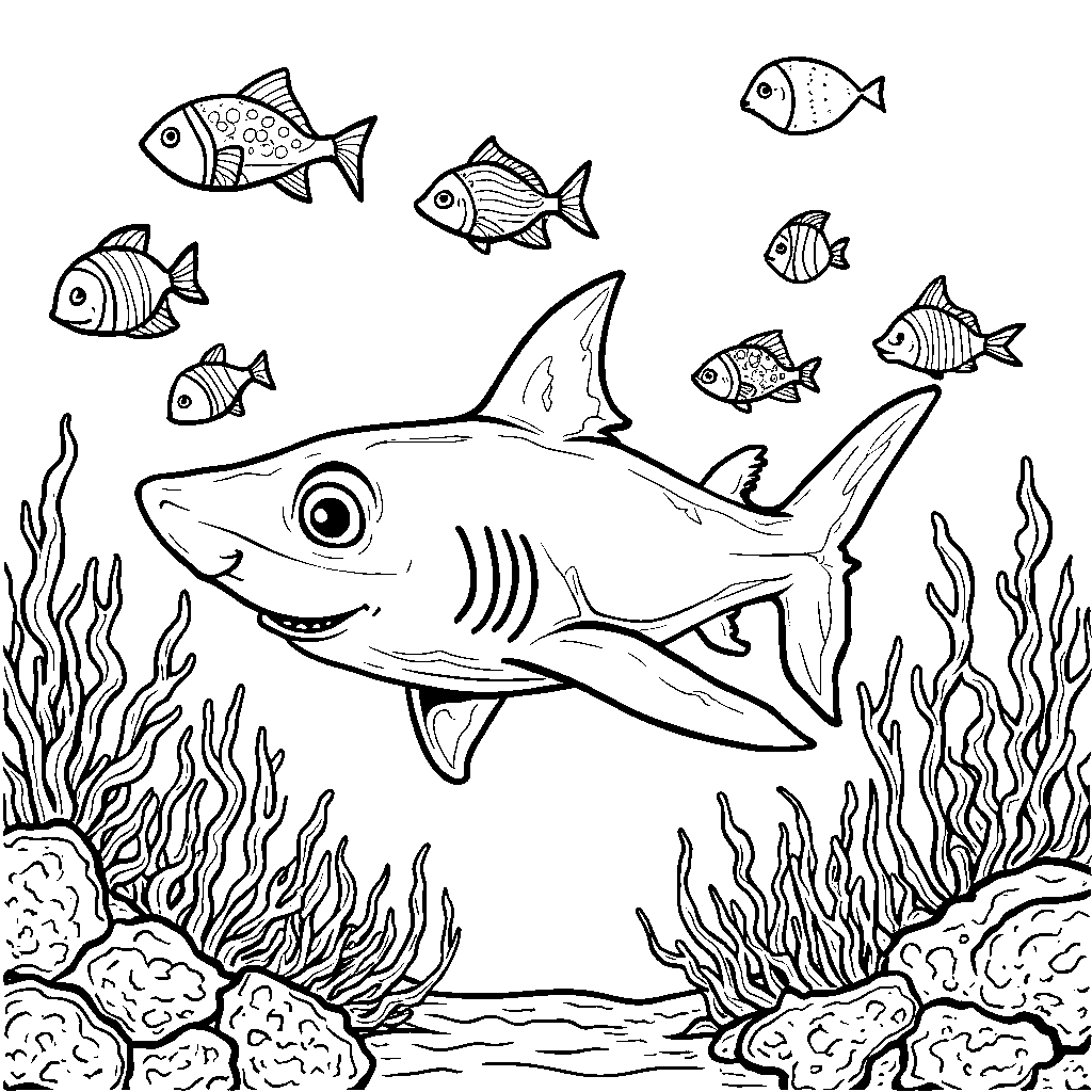 A shark surrounded by a school of rainbow fish