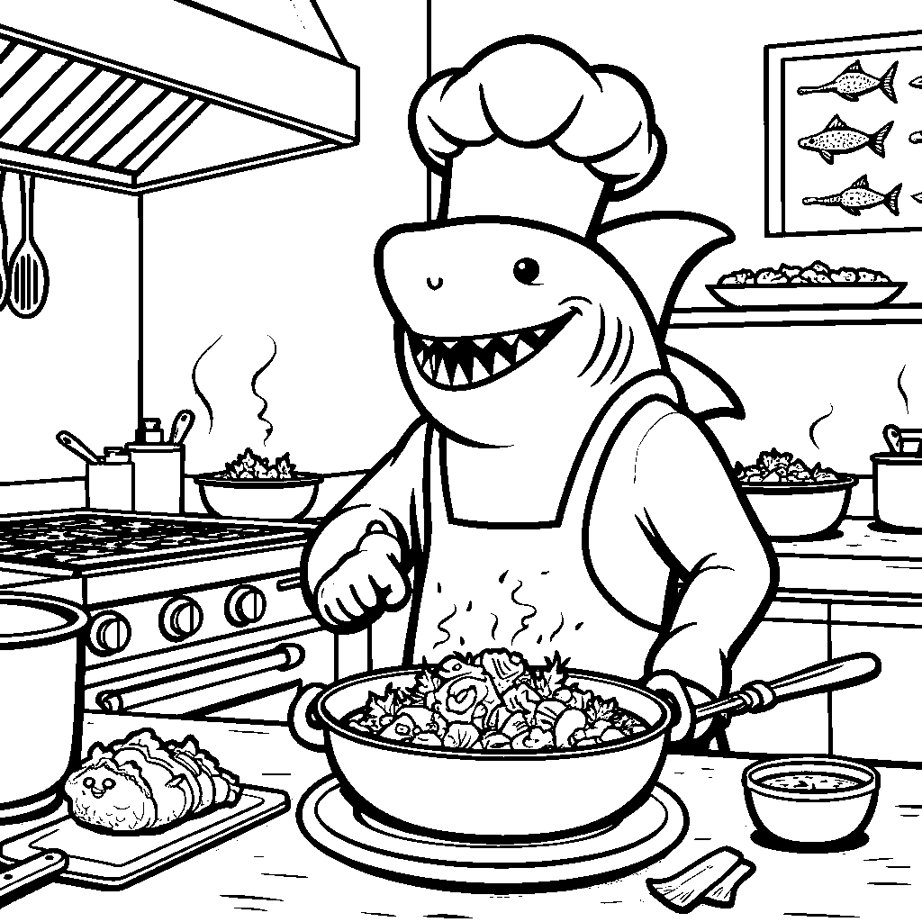 A shark wearing a chef's hat and cooking seafood