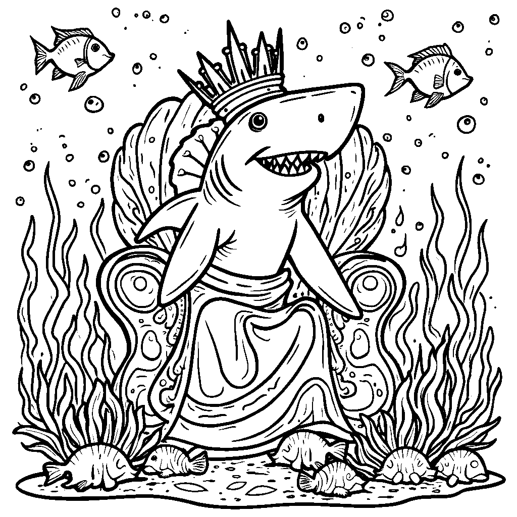 A shark wearing a crown and sitting on a throne made of seashells