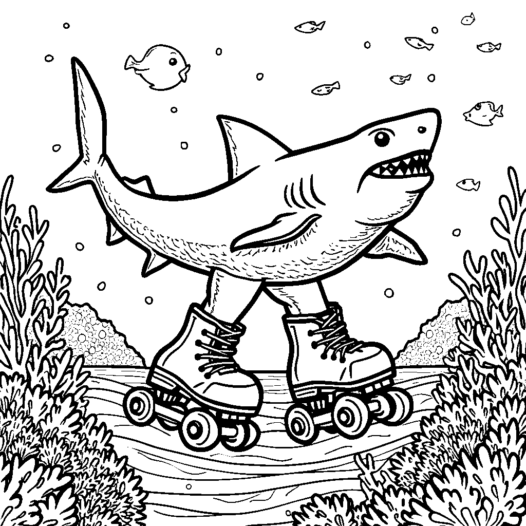 A shark wearing roller skates and gliding on the ocean floor