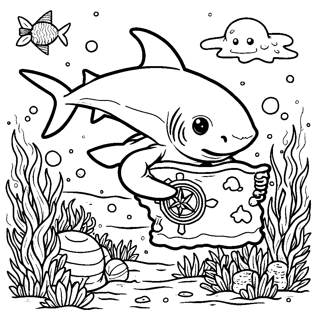 A shark with a treasure map and a compass