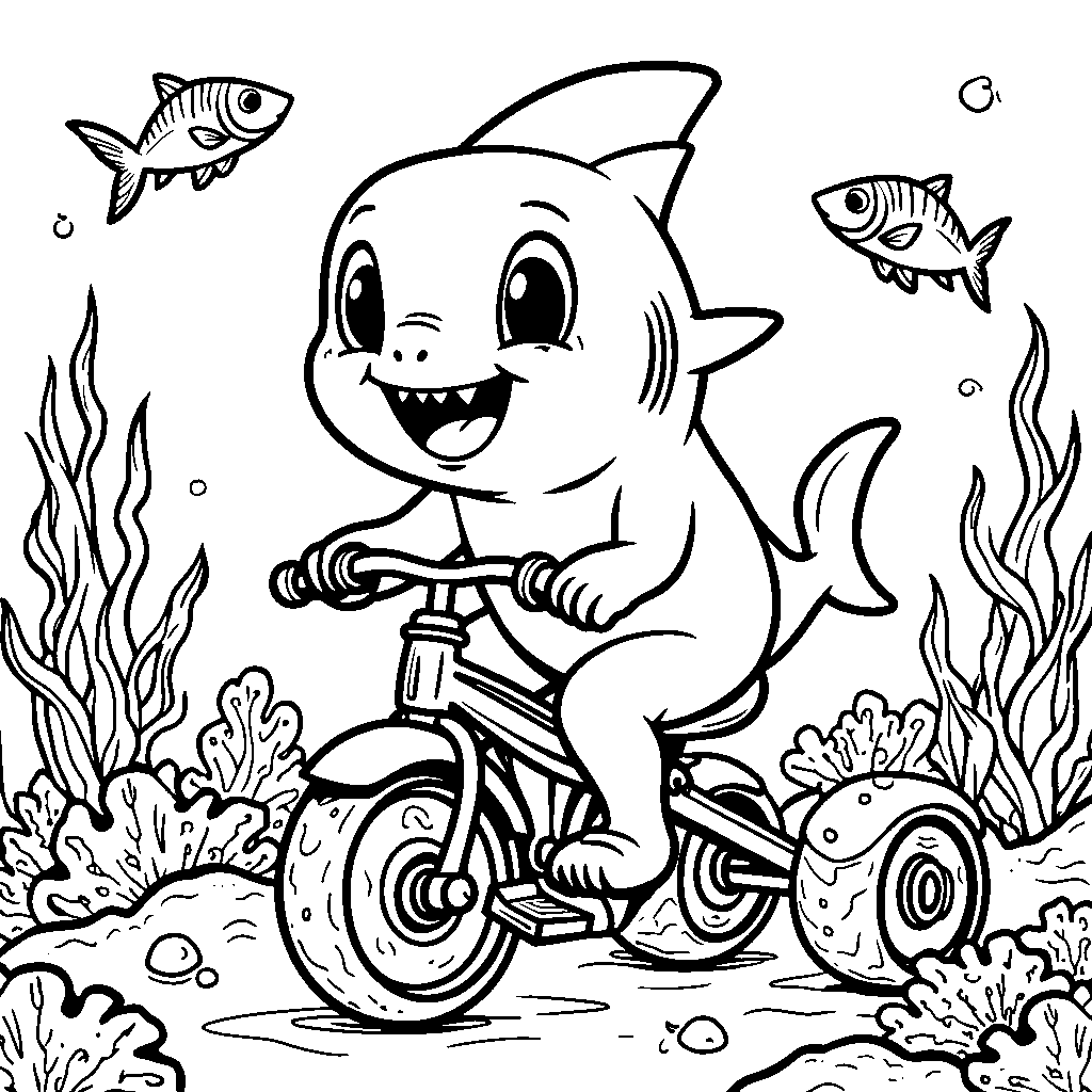 A baby shark riding a tricycle underwater