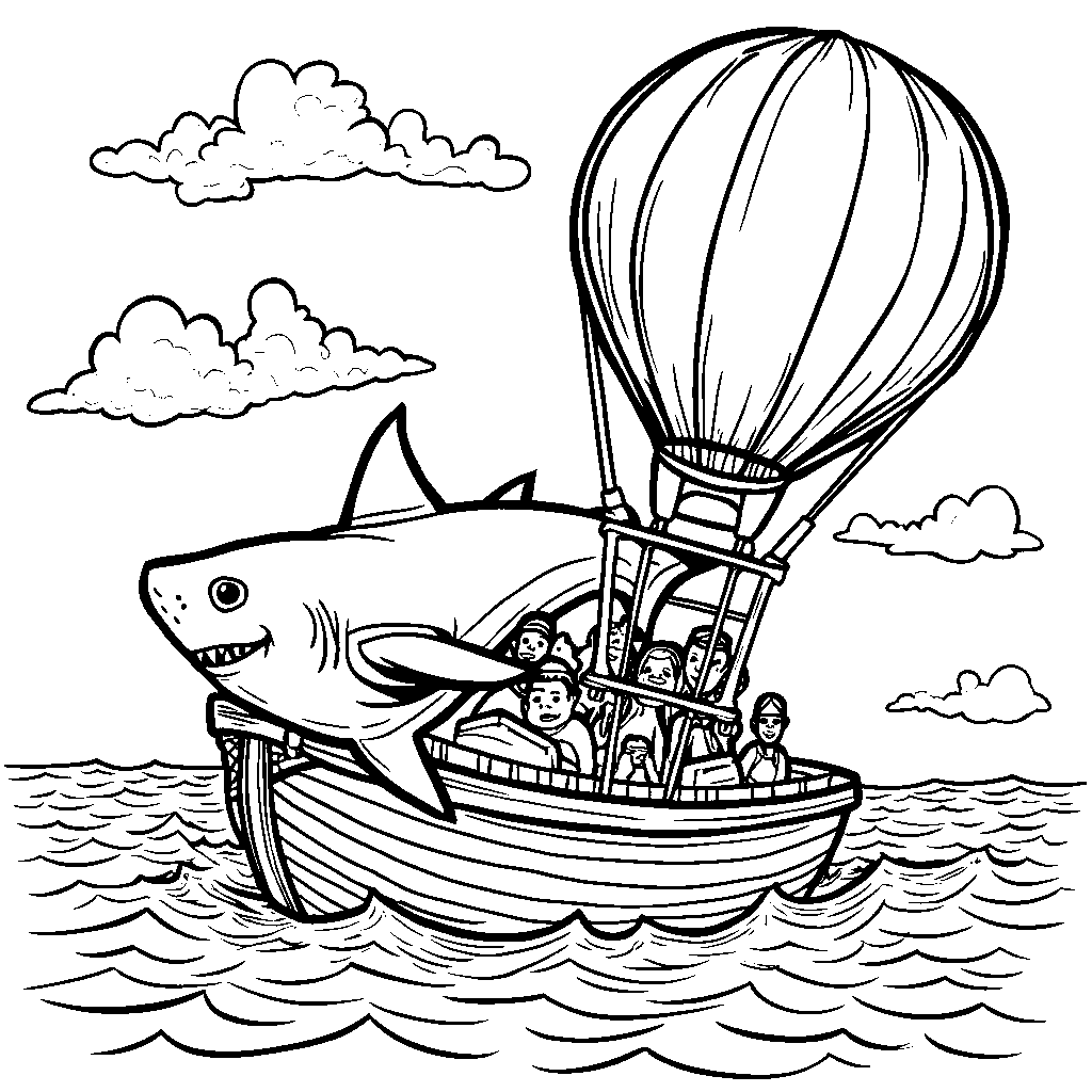 A shark riding a hot air balloon above the ocean