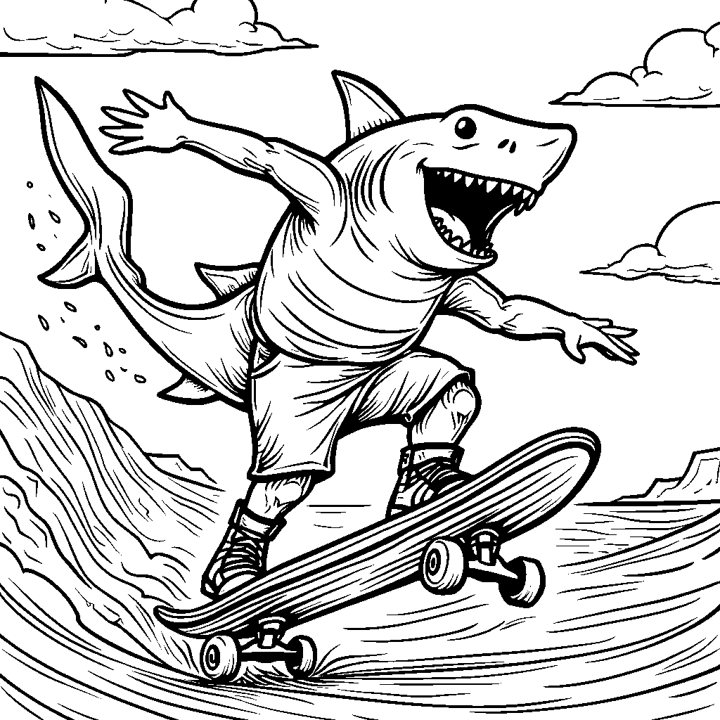 A shark riding a skateboard on the beach