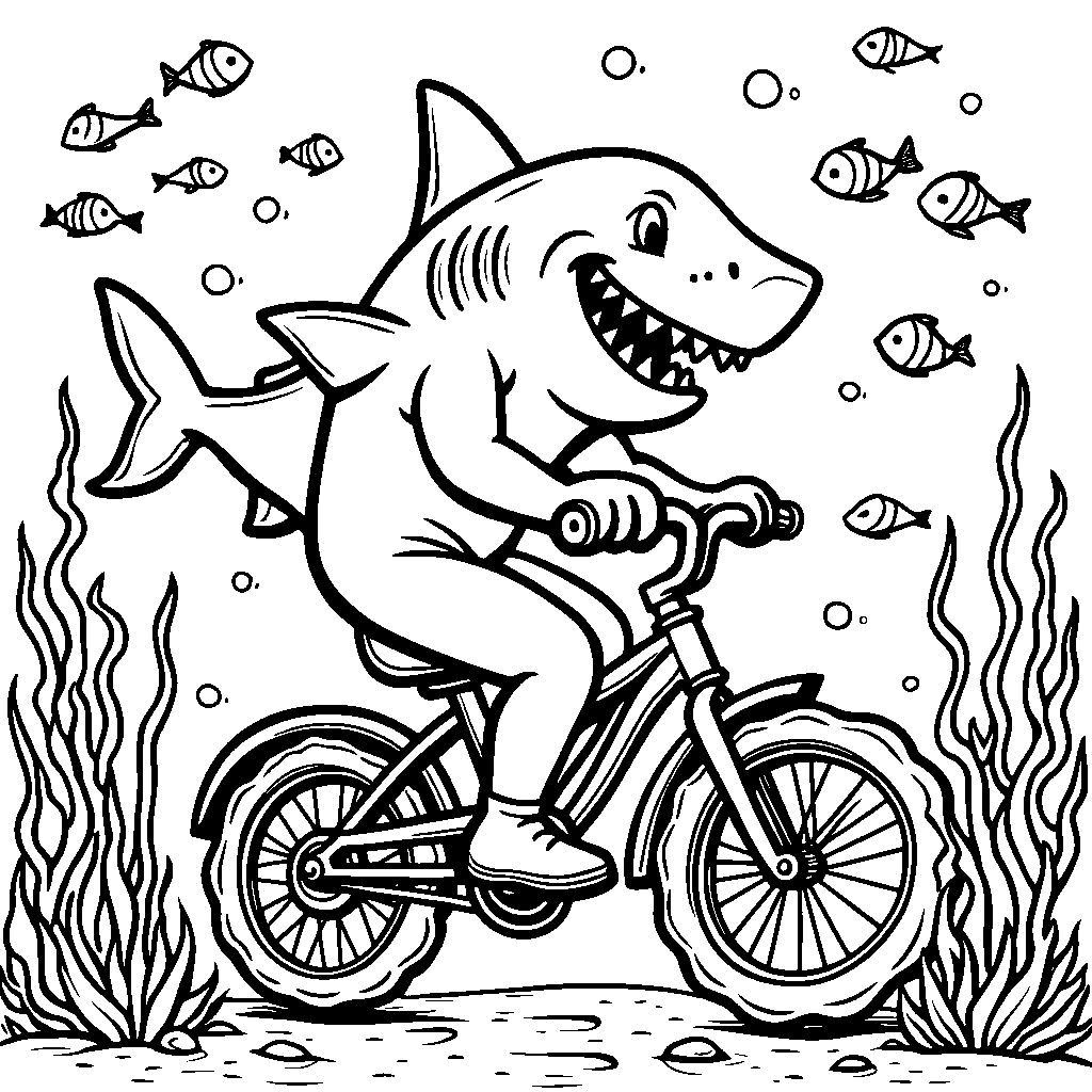 A shark riding a bicycle with training wheels underwater