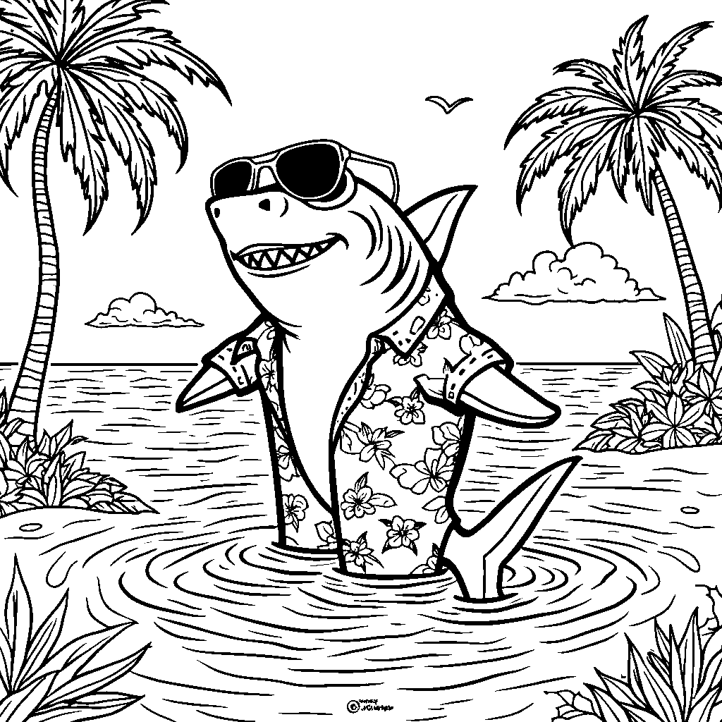 A shark wearing sunglasses and a Hawaiian shirt