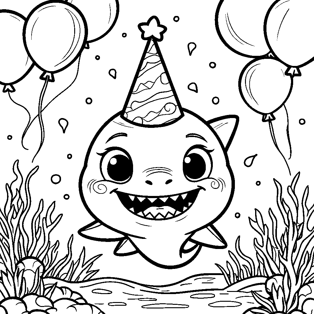 A shark with a big smile and a party hat