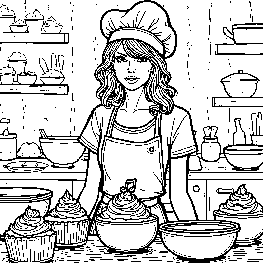 Taylor Swift as a chef, baking cupcakes with musical notes on top