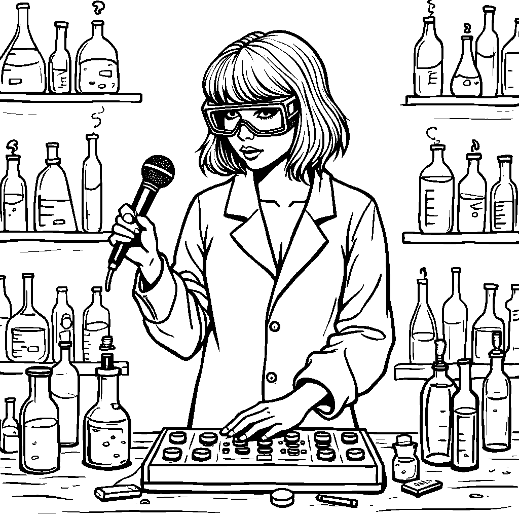 Taylor Swift as a scientist, mixing colors and sounds in a laboratory