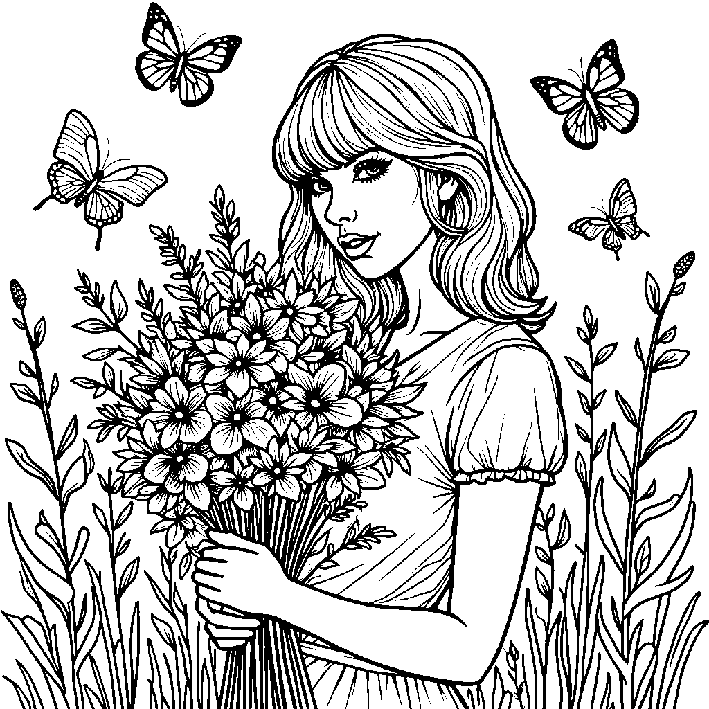 Taylor Swift holding a bouquet of flowers, surrounded by butterflies