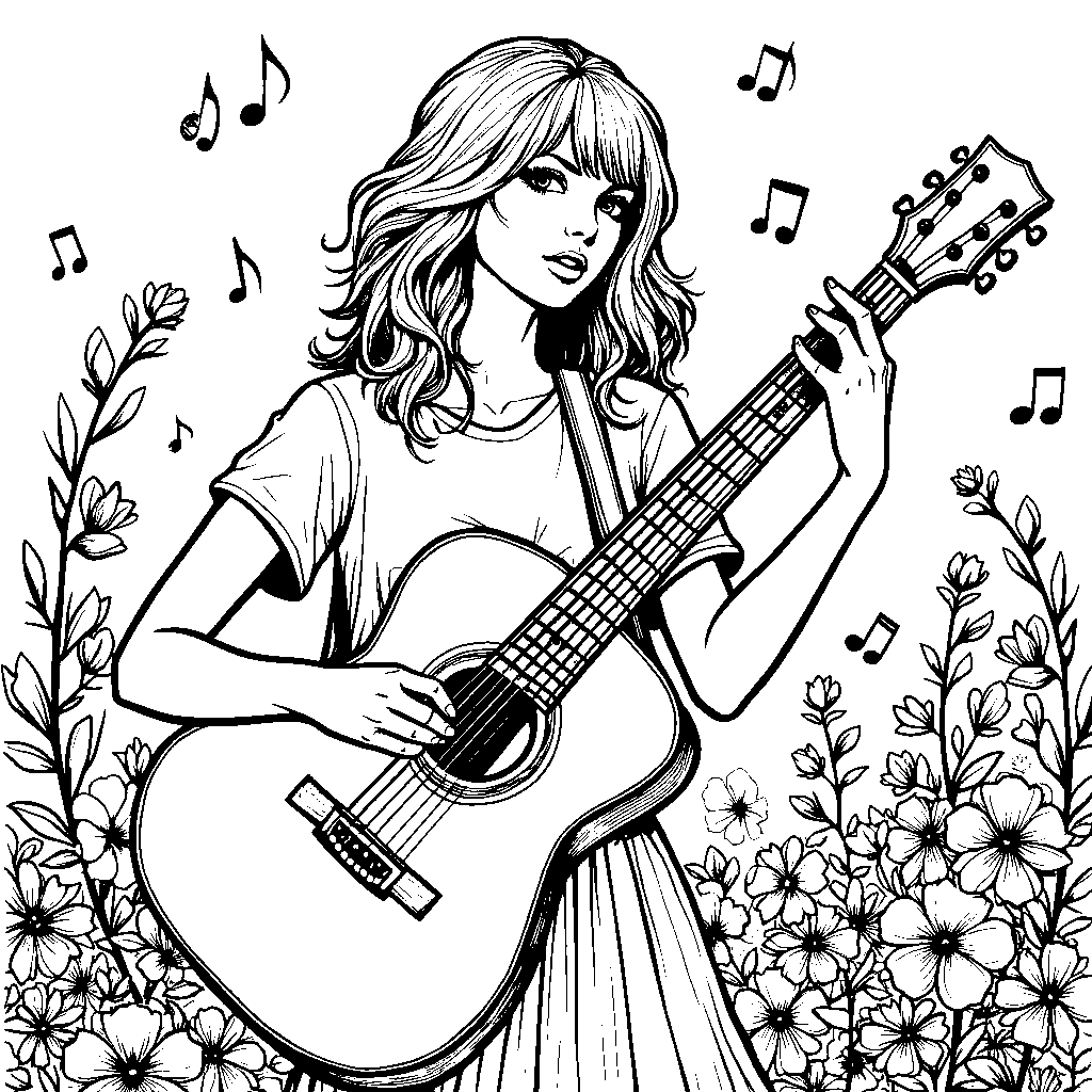 Taylor Swift holding a guitar surrounded by music notes and flowers