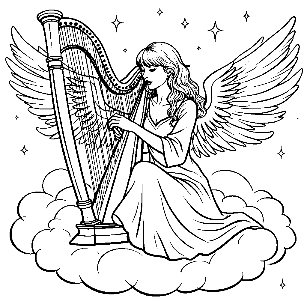 Taylor Swift playing a harp, with angels singing harmonies around her