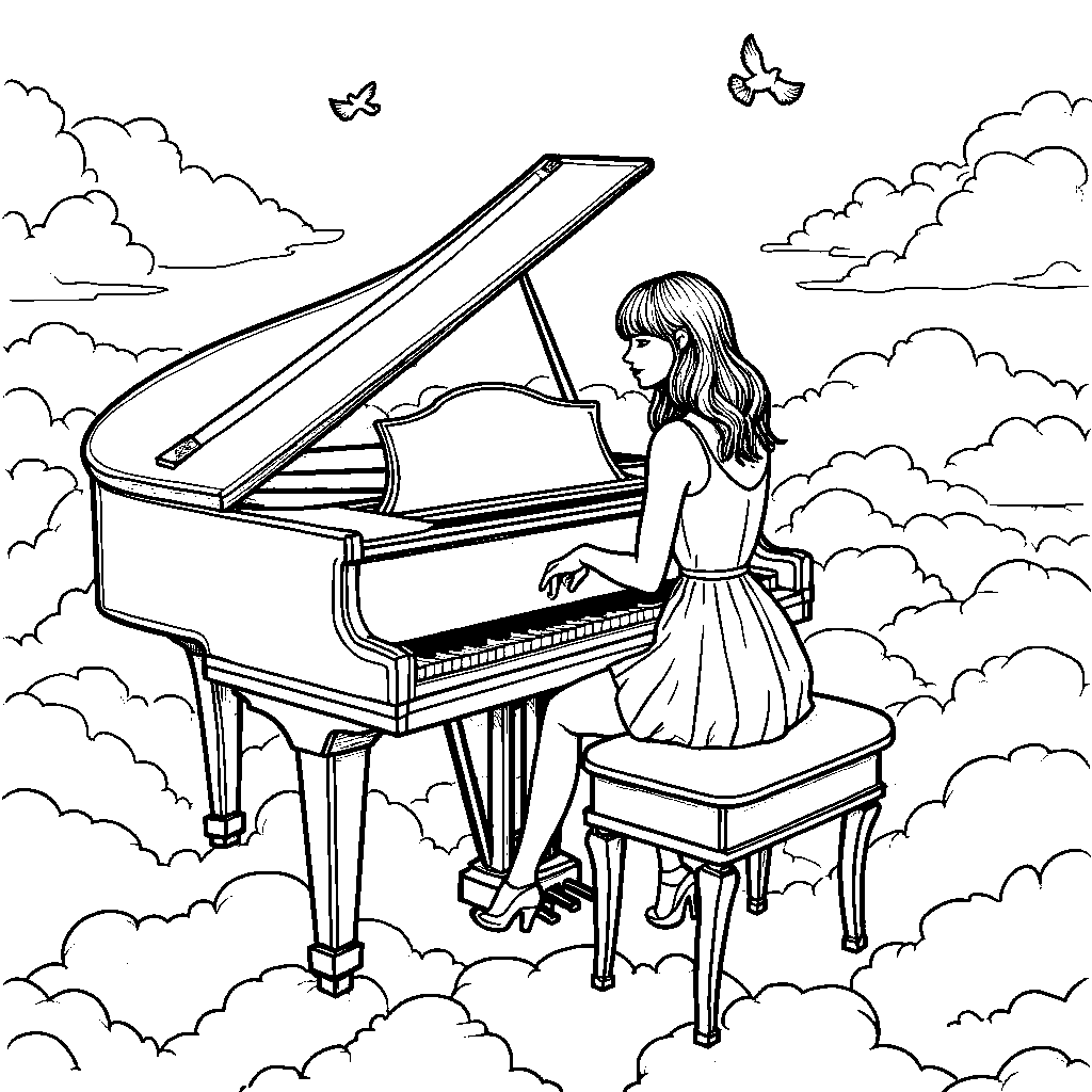 Taylor Swift playing a piano made of clouds, with birds flying overhead