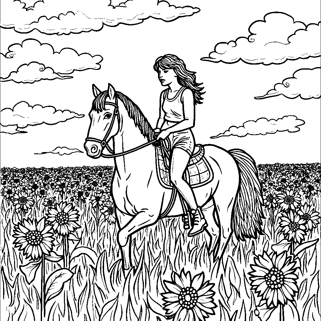 Taylor Swift riding a horse through a field of sunflowers