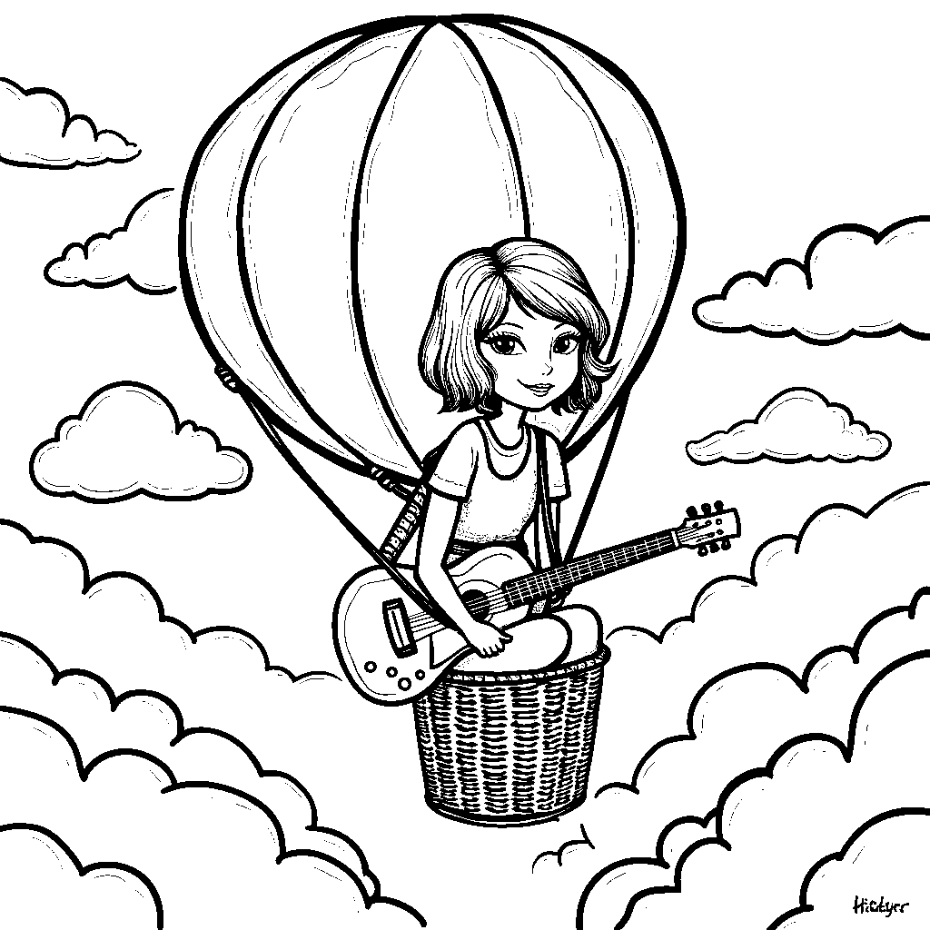 Taylor Swift riding a hot air balloon, floating above the clouds