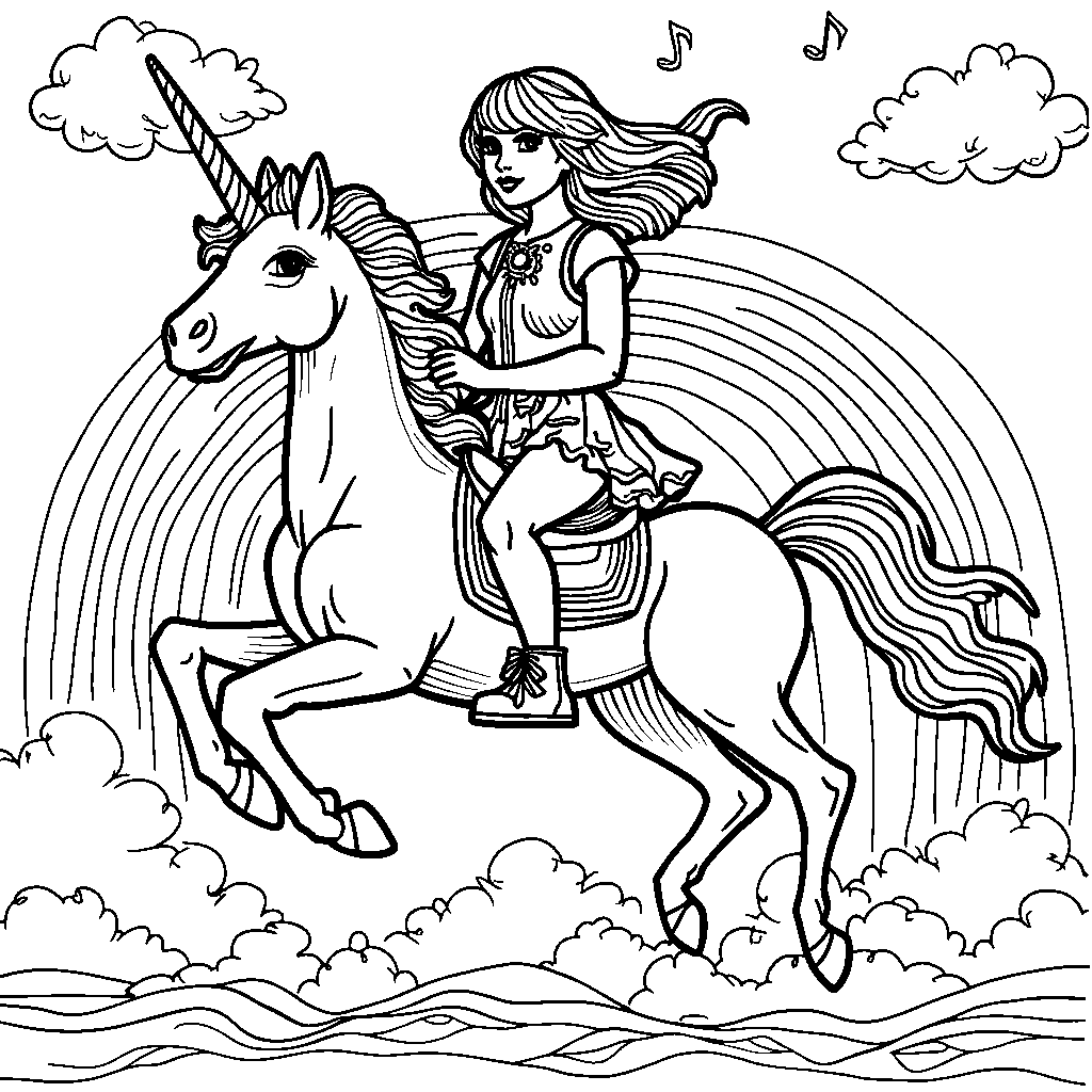 Taylor Swift riding a unicorn through a rainbow-colored sky